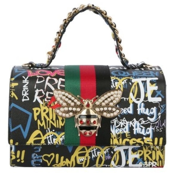 Wholesale GP2728W Multi Graffiti Queen Bee Stripe 2-in-1  Graffiti Stripe Boxy Handbag and Wallet